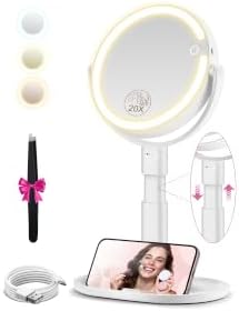 Makeup Mirror with Lights, 20X Magnifying Mirrors, Height Adjustable