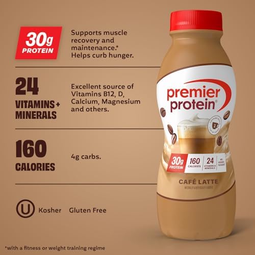 Premier Protein +Energy 30g High Protein Shake, Café Latte, 12 Pack