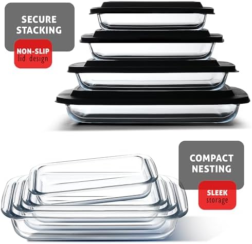 EATEX 8-Piece Deep Glass Casserole Dishes for Oven with Plastic Lids
