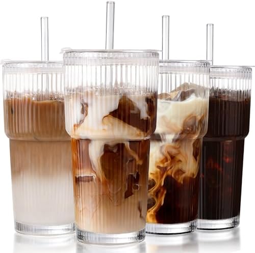 Iced Coffee Cups with Lids,Glass Cups with Lids and Straws,4 Coffee Tumbler