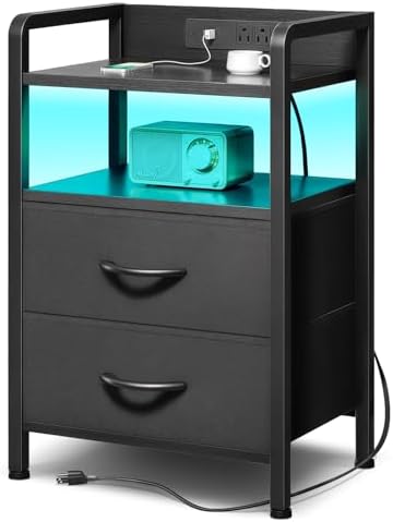 Nightstand with Rear Charging Station, LED Light, 2 Drawers, Black