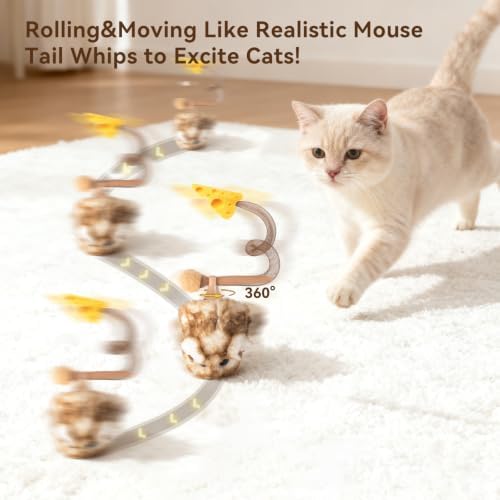 Migipaws Interactive MigiMouse Cat Toy 360° Rolling & Spin with Mesh Plastic Tail for