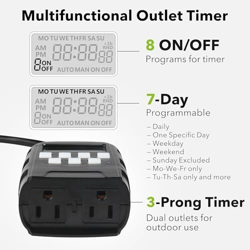 BN-LINK 7 Day Outdoor Heavy Duty Digital Programmable Timer, 125VAC, 60Hz, Dual Outlet