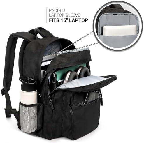 ZORFIN 26L Black Backpack for College, and Travel: Water Resistant Bookbag