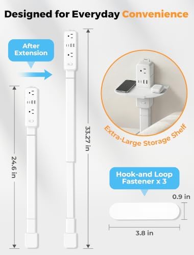 Outlet Extender Stick with 2 USB-A & 2 USB-C,6 AC Outlets,24"-34" Extension