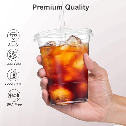Dealusy 100 Pack - 16 oz Clear Plastic Cups with Lids and Straws