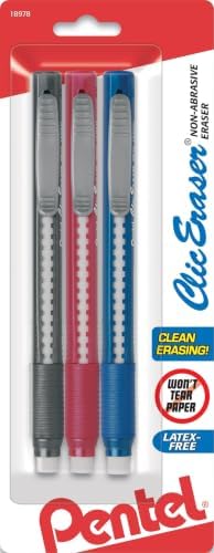 Pentel Clic Retractable Eraser with Grip, Assorted Barrel Colors (ZE21BP3M) (Pack of 3)