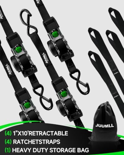 Retractable Ratchet Straps (4-Pack) 1” x 10ft, 1650lb Break Strength
