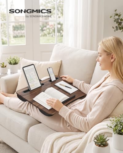 SONGMICS Laptop Lap Desk with Cushion, Brown PVC Leather, Fits 15.6" Laptop