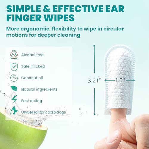 Ear Cleaner Finger Wipes 60 Counts, Dog Ear Cleaner, Grooming Kit Care for Dogs and Cats