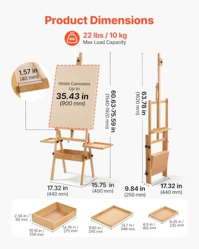 VEVOR Studio H-Frame Easel Holds Canvas Up to 35.43" Solid Beech Wood Frame