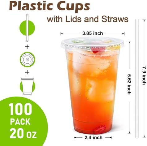100 Pack 20 oz Disposable Clear Plastic Cups with Lids and Straws