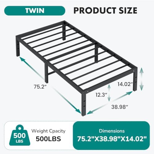 OLIXIS 14in Twin Metal Bed Frame, Sturdy Support with Storage Space, 500LBS