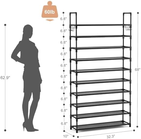 VTRIN 10 Tier Shoe Rack Tall Large Capacity Wide Shoe Organizer with Two Hooks Sturdy