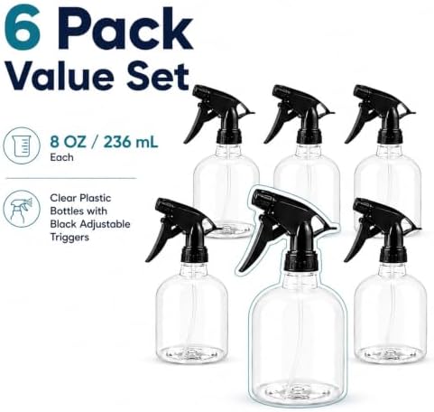 Enenes 6 Pack 8 Oz Plastic Spray Bottles with Black Adjustable Triggers