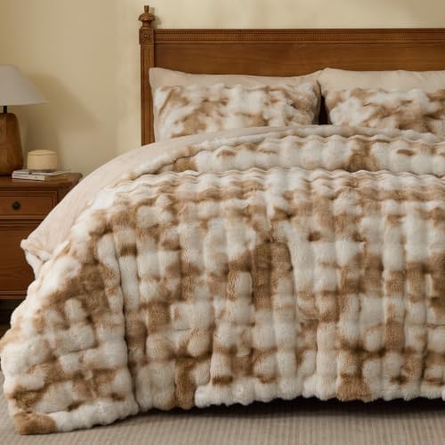 BEDELITE Tie Dye Faux Fur Comforter Set Queen,Thick Winter Comforter,Beige