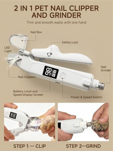 Dog Nail Clippers with Light, Dog Cat 2-in-1 Nail Clipper & Grinder Trimmer