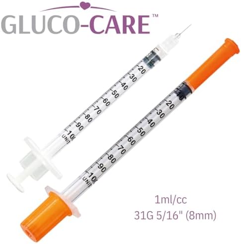 GLUCO-CARE 1 ml/cc Syringes 31G x 5/16’’ (8mm), Orange Cap, 100/box