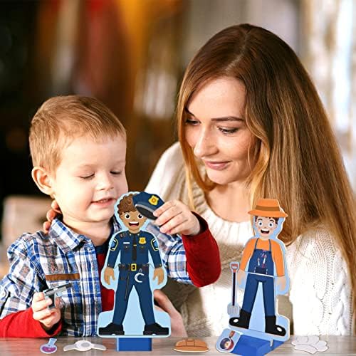 Wooden Magnetic Dress up Dolls Pretend Play Set 40+ Pcs Occupations Community Helpers
