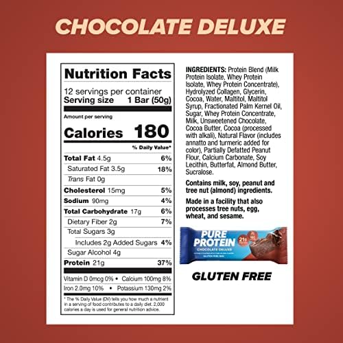 Pure Protein Chocolate Deluxe Protein Bars, 21g Protein, Gluten Free, 12 Ct