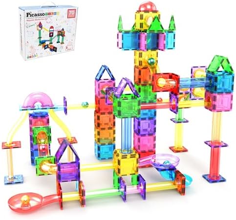 PicassoTiles 70 Piece Marble Run Magnetic Tiles Race Track STEM Ages 3+