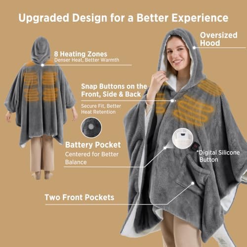 Bedsure Wearable Cordless Heated Blanket Hoodie, Grey Portable Heated Shawl