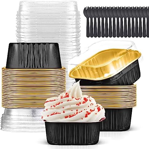 10oz Mini Cake Pans with Lids (40 Pack) Aluminum Foil Square Cupcake Liners Brownie