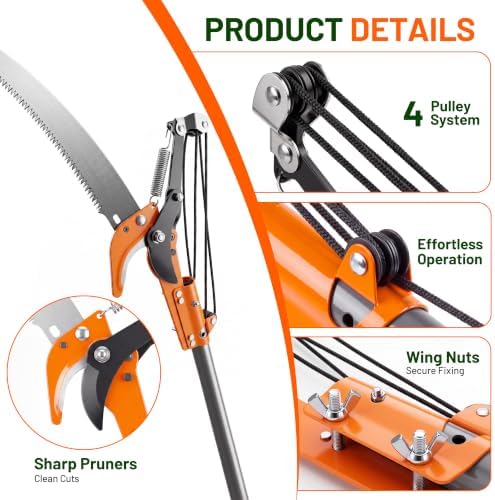 Walensee 10FT Pole Saw for Tree Trimming, Manual Pruner with Saw & Shears