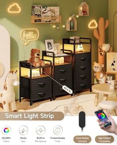 Nightstand with Rear Charging Station, LED Light, 2 Drawers, Black