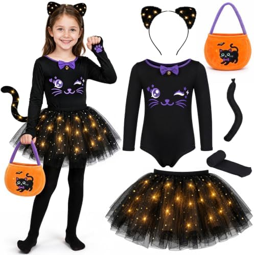 Halloween Black Cat Costume for Girls Kids, Light Up Outfit Set