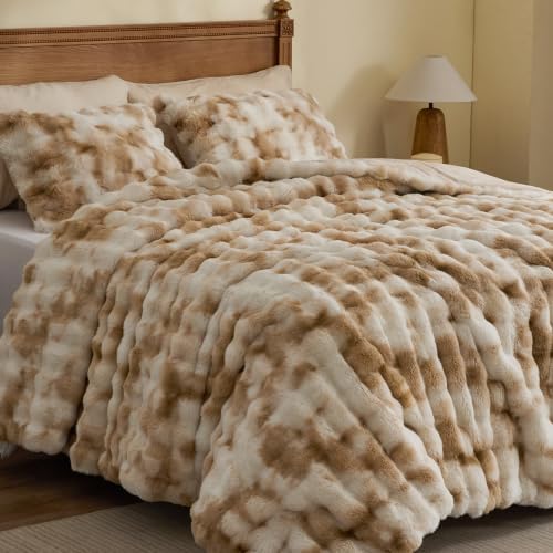 BEDELITE Tie Dye Faux Fur Comforter Set Queen,Thick Winter Comforter,Beige