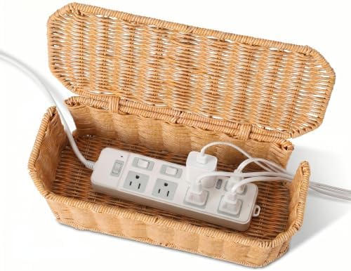 Rattan Cable Management Box, Cord Organizer to Hide Cords & Power Strip