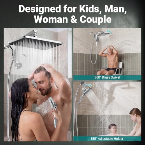 KOSNEW® 12" XXL Rainfall Shower Head with Handheld Combo, Chrome Polished