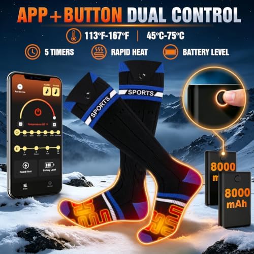 Heated Socks for Men & Women, 16000mAh (2×8000mAh) Rechargeable Batteries