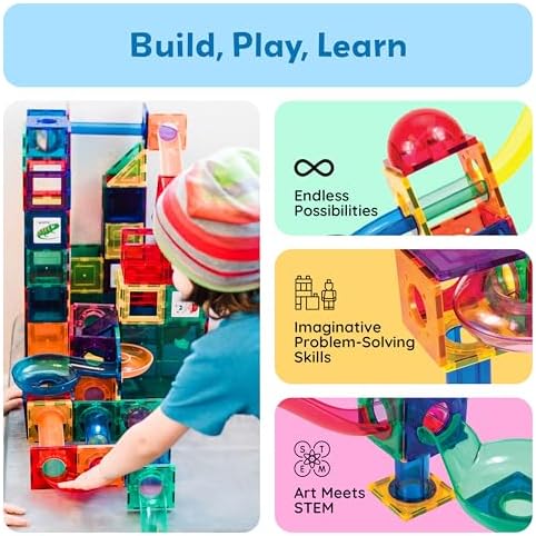 PicassoTiles 70 Piece Marble Run Magnetic Tiles Race Track STEM Ages 3+