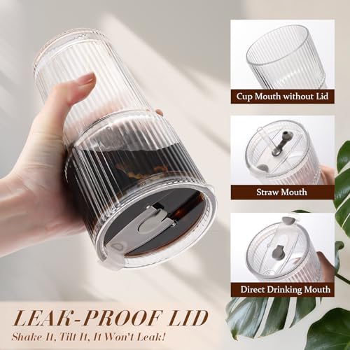 Iced Coffee Cups with Lids,Glass Cups with Lids and Straws,4 Coffee Tumbler