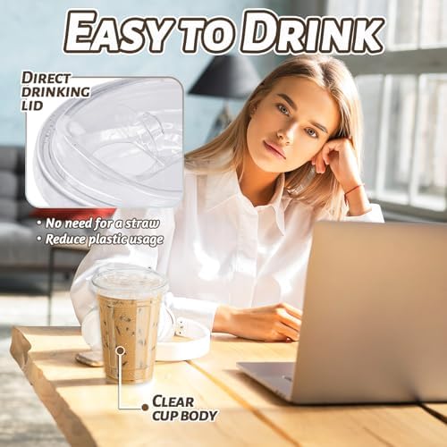 Qinsihwn 20 oz Clear Plastic Cups with Strawless Sip Lid