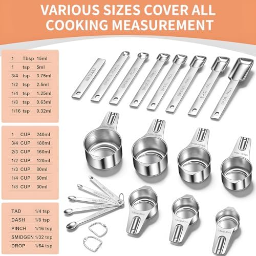EWFEN Measuring Cups and Spoons Set, 7 Stainless Steel Nesting Measuring Cups & 7 Spoons