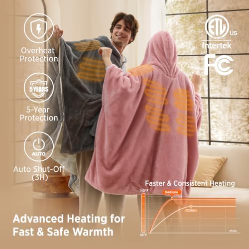 Bedsure Wearable Cordless Heated Blanket Hoodie, Grey Portable Heated Shawl
