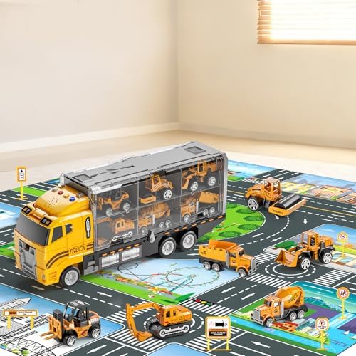 NIPLOOOW Kids Boys Construction Truck Vehicle Toy Set with Play Mat and Die-Cast Toy Car