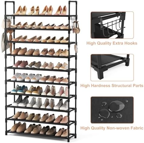 VTRIN 10 Tier Shoe Rack Tall Large Capacity Wide Shoe Organizer with Two Hooks Sturdy