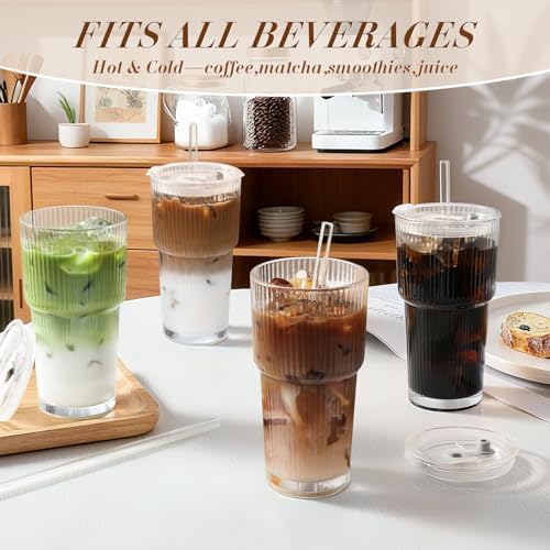 Iced Coffee Cups with Lids,Glass Cups with Lids and Straws,4 Coffee Tumbler