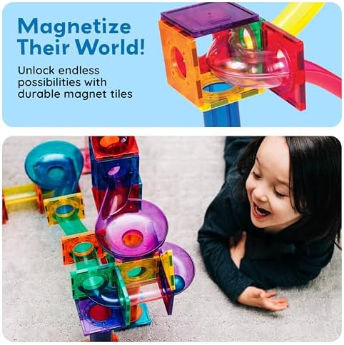 PicassoTiles 70 Piece Marble Run Magnetic Tiles Race Track STEM Ages 3+