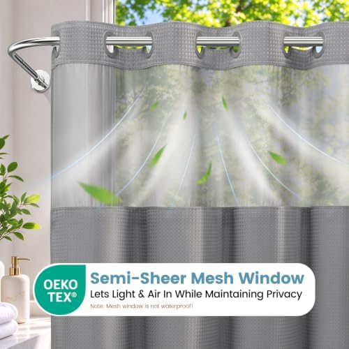 Ringless Waffle Shower Curtain with Snap in Liner Set, 71x74, Grey