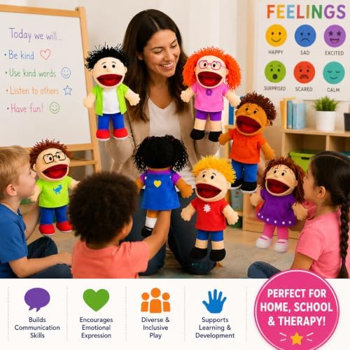 Fun Express Hand Puppets for Kids, 8 Multicultural, 14 Inch