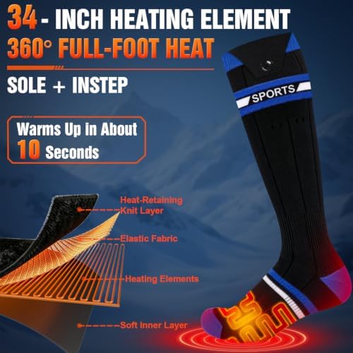 Heated Socks for Men & Women, 16000mAh (2×8000mAh) Rechargeable Batteries