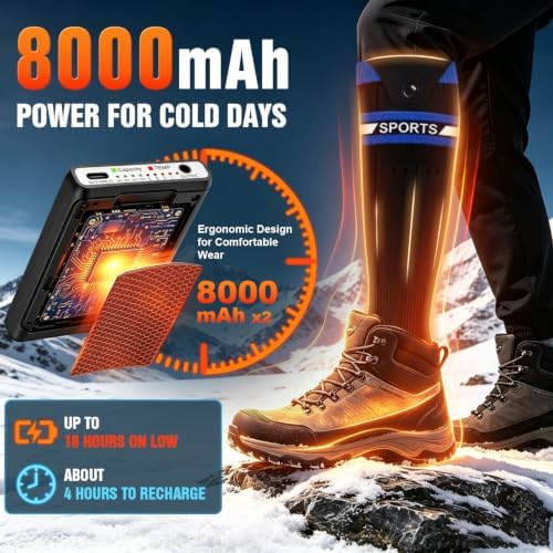 Heated Socks for Men & Women, 16000mAh (2×8000mAh) Rechargeable Batteries