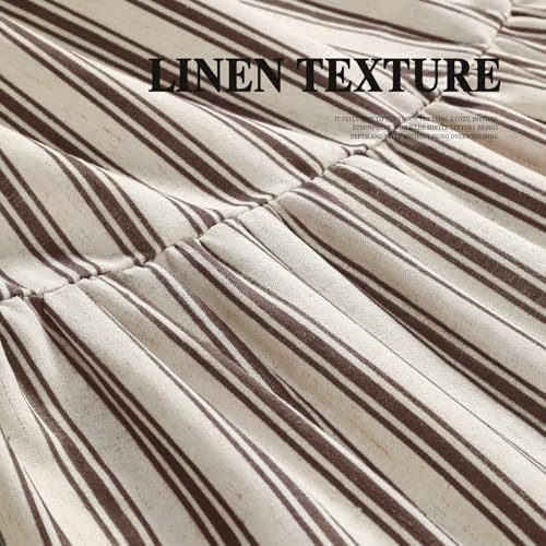 Farmhouse Shower Curtain Ruffle Linen Cream-Brown Stripe 72"W x 72"L
