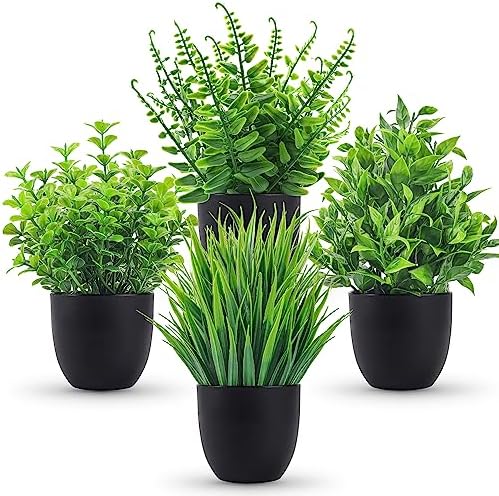 Der Rose 4 Pack Mini Fake Plants in Black Pots, 7" Bathroom & Desk Decor