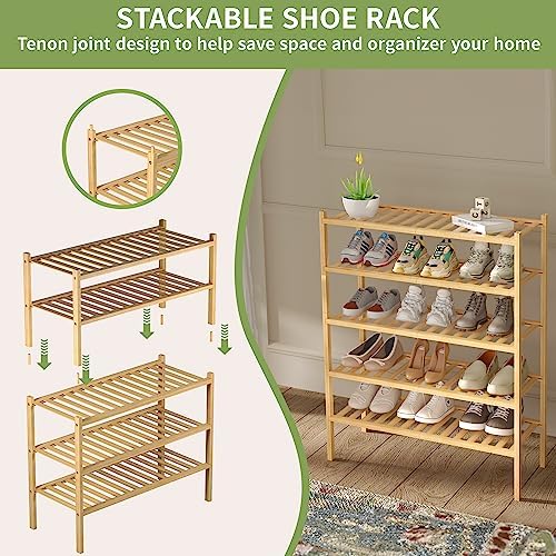 ROMGUAR CRAFT 3 Tier Bamboo Shoe Rack for Closet Free Standing Wood Shoe Shelf Storage